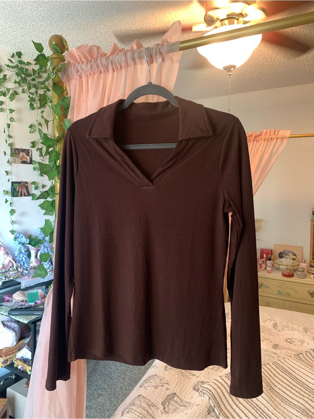 Women's Long Sleeve Ribbed Polo Top - Brown